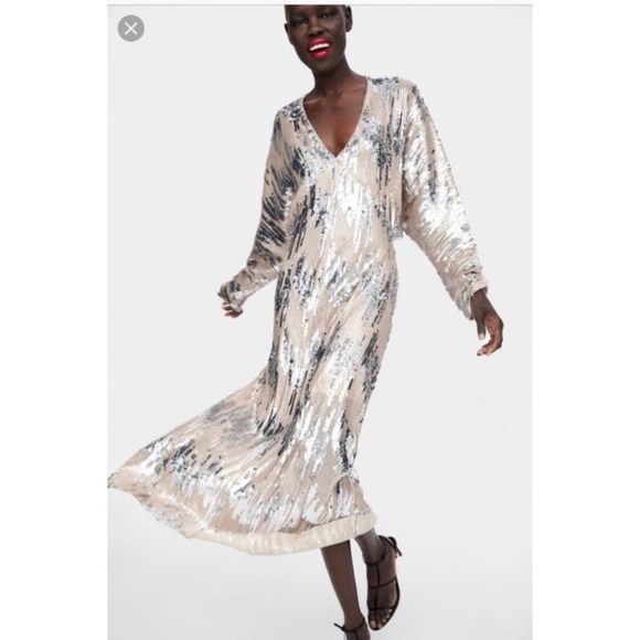 ZARA | long sleeve metallic sequin dress - Picture 1 of 8